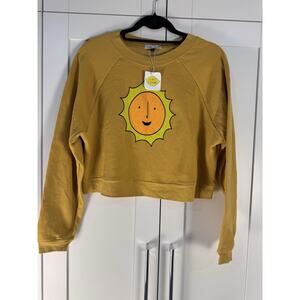 NWT Jenny Lemons Cropped Sweatshirt Womens M Yellow Sun Graphic Cute Artsy